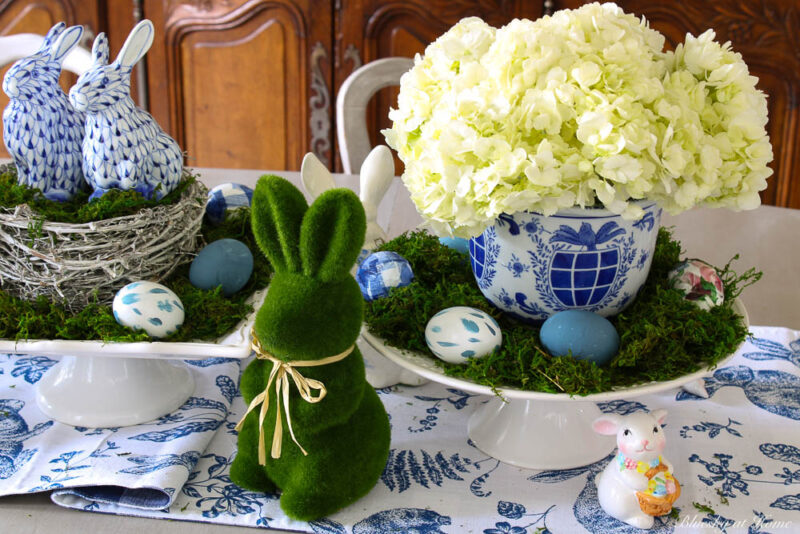 white hydrangeas with bunnies and blue eggs