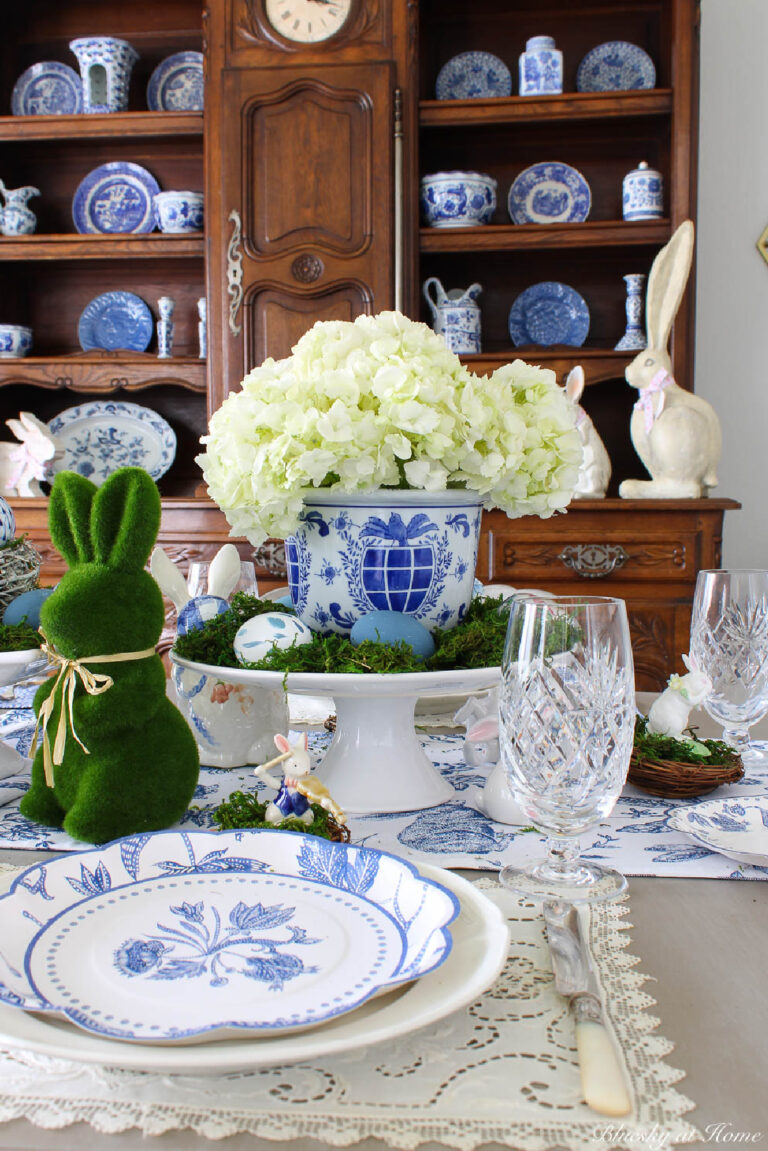 Bunnies and Blue in a Spring Tablescape