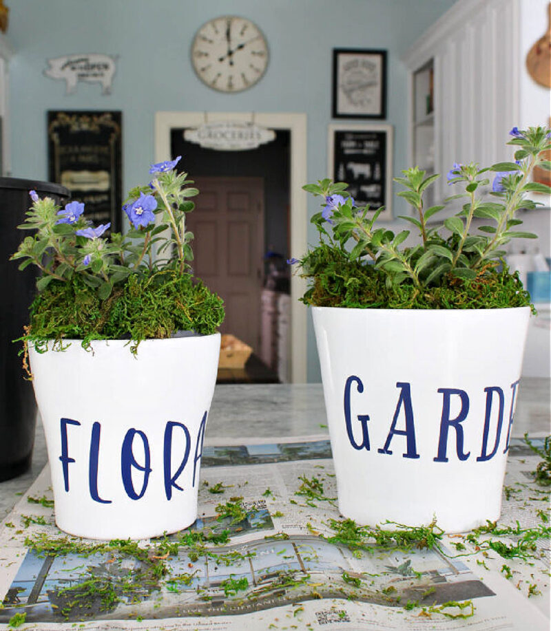 white planters with navy vinyl stickers
