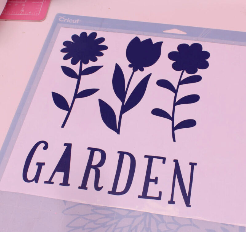 vinyl transfer with flowers and word "garden"