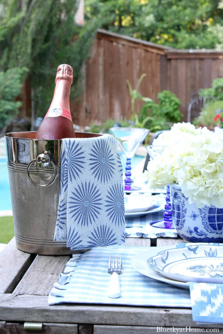 blue and white outdoor summer tablescape
