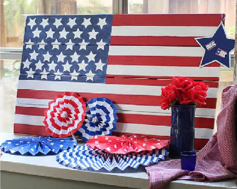 patriotic red, white, and blue DIY wooden painted flag
