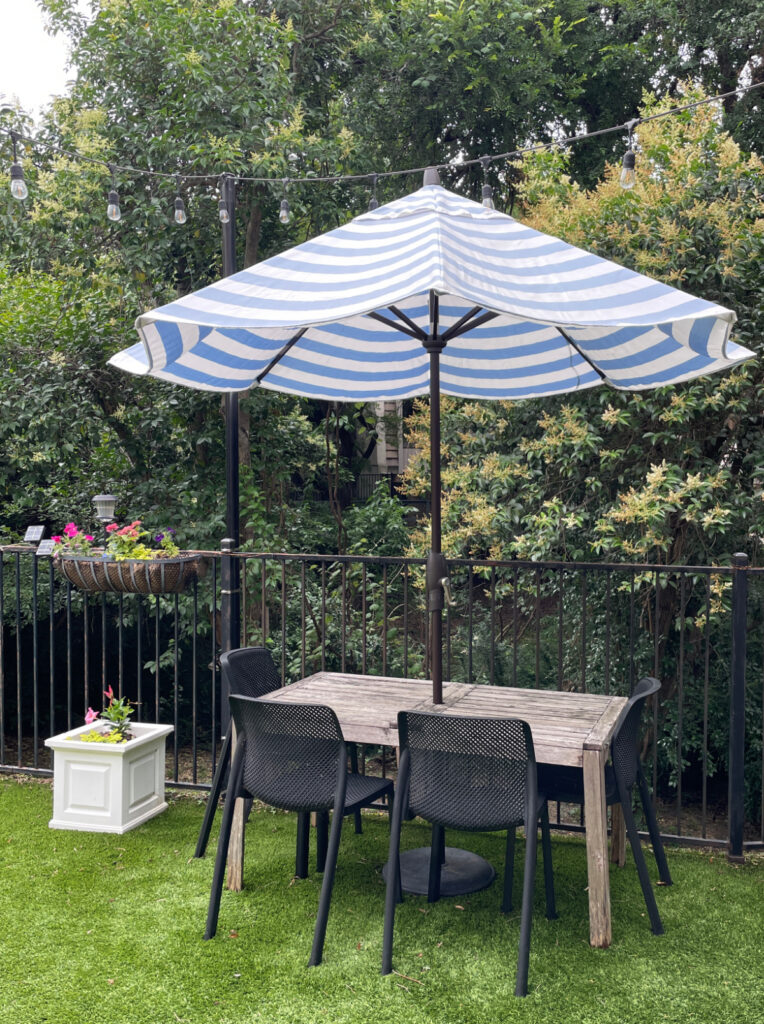 blue and whitestripe outdoor umbrella
