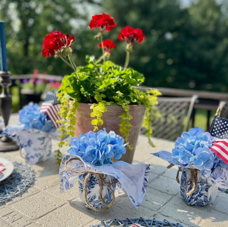 blue covered jars for patriotic table