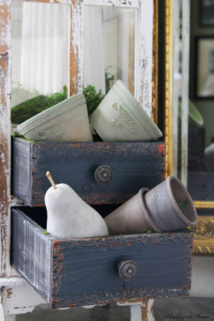 vintage planting pots in drawers