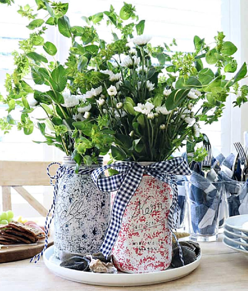 patriotic red, white, and blue painted mason jars