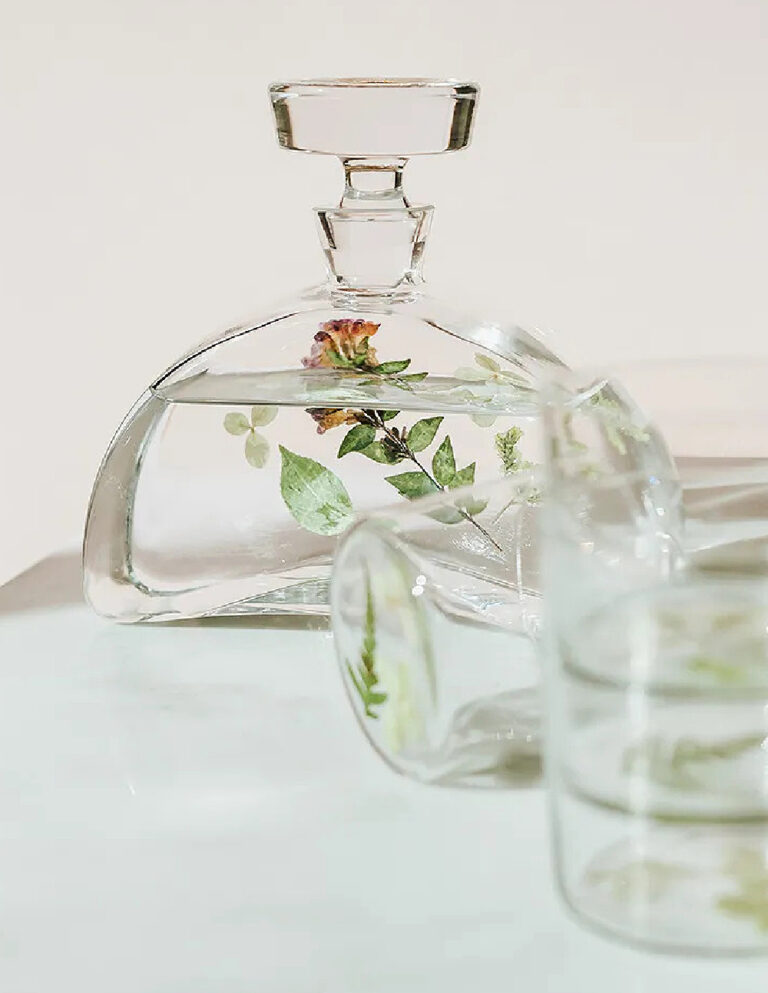 pressed flower decanter and glasses