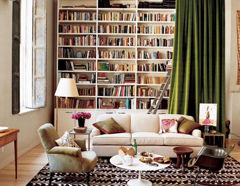 maximalist bookshelf with curtains