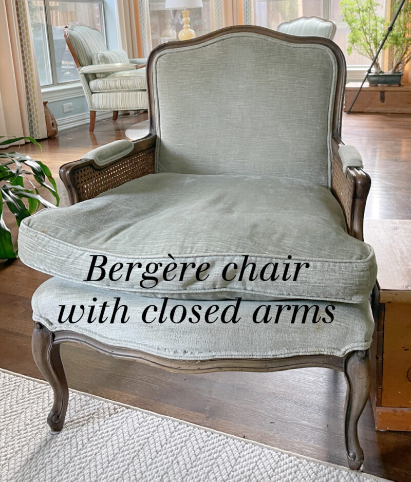 Bergere chair in sage velvet and brown finish wood
