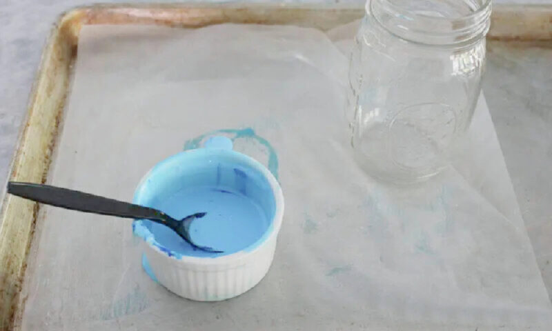 tinted blue glue in ramekin