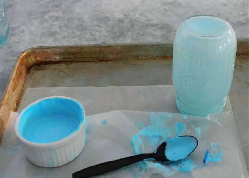 tinted blue glue in ramekin