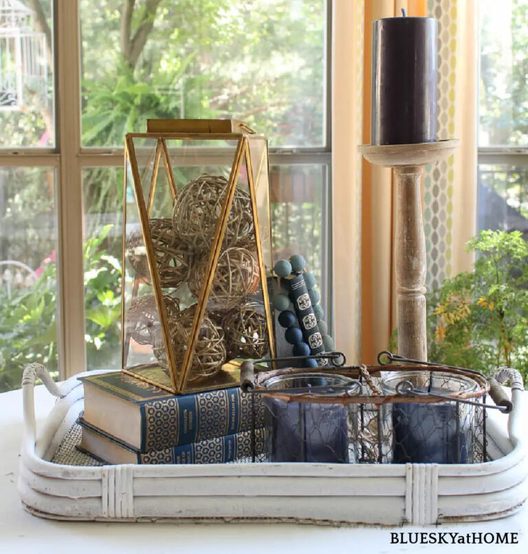 fall vignette in brass and navy