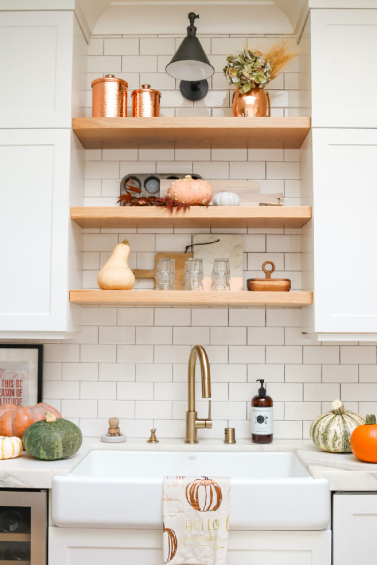 open shelving with fall kitchen decor