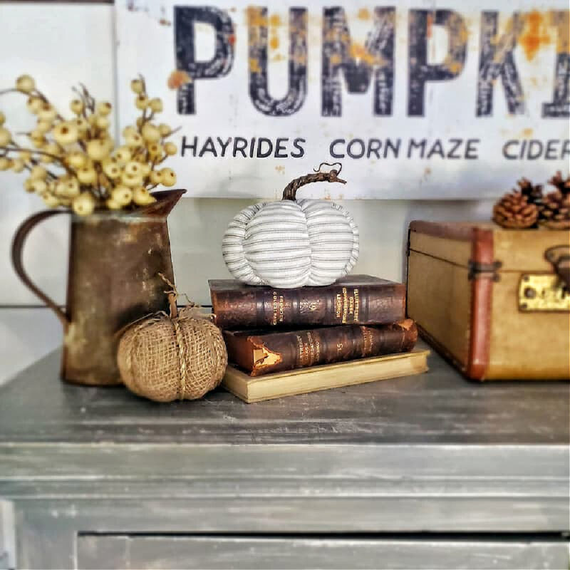pumpkin sign, brown books, and suitcase for fall accessories