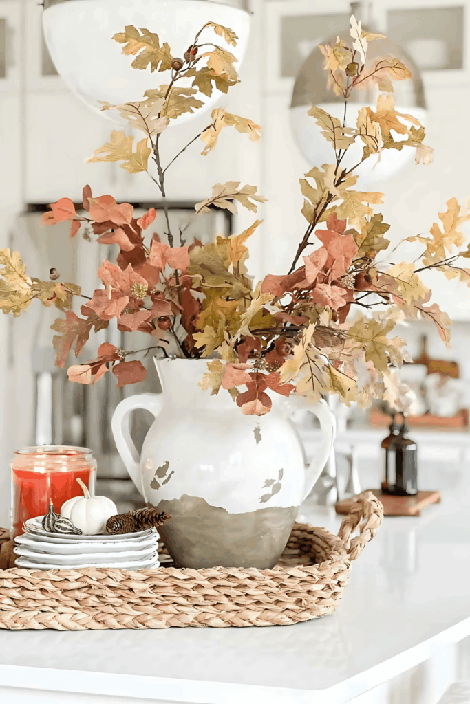 white vase with fall foliage on kitchen counter