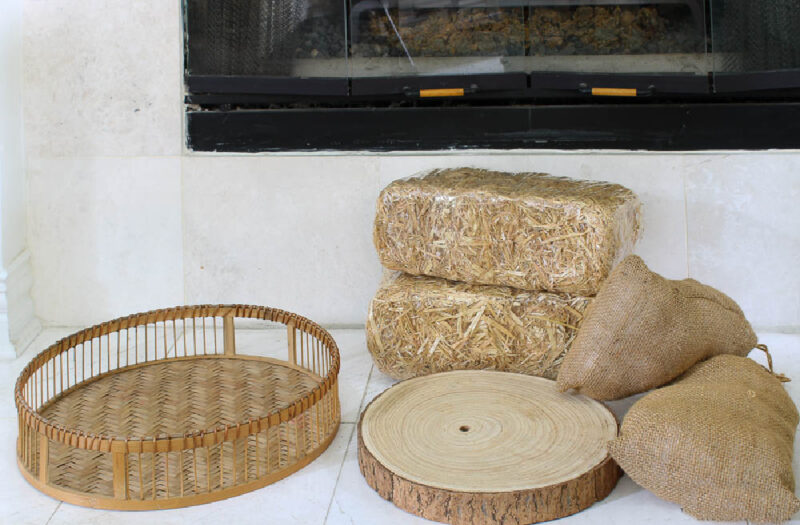 fall basket display on hearth in neutral colors 