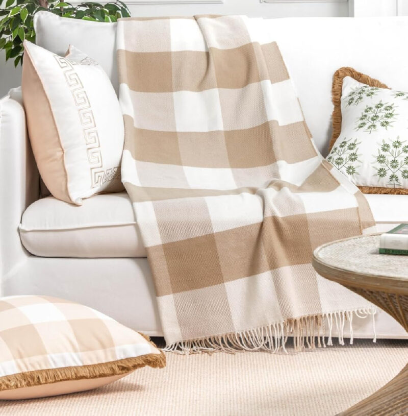 tan and white buffalo check throw