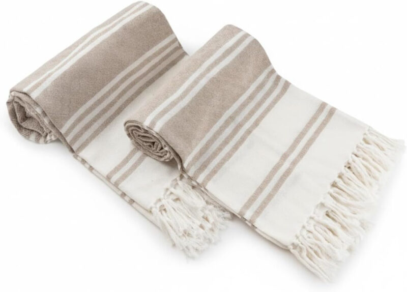 set of two tan and white turkish towels