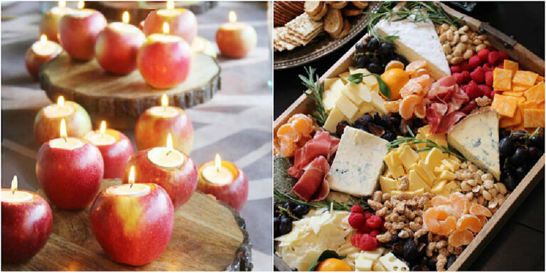 apples with tea candles and charcuterie board for a fall party