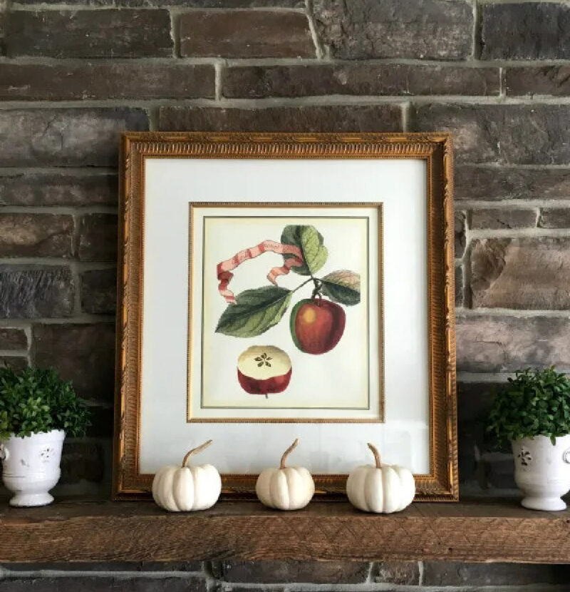 fall mantel with picture of apples and pumpkins