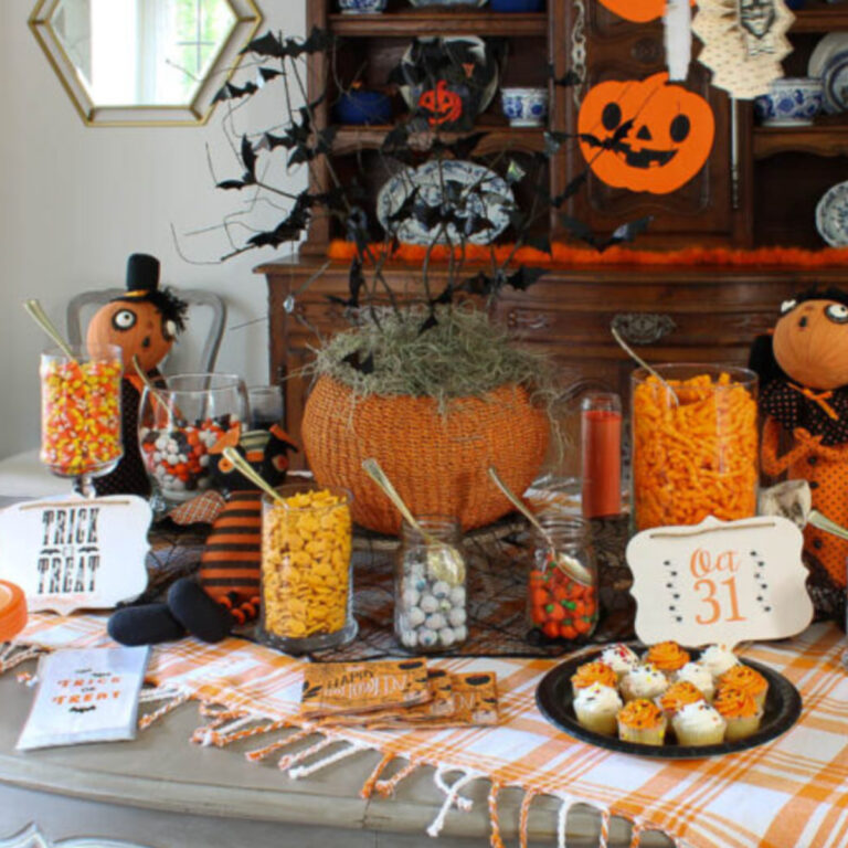 curly twig bat tree centerpiece on Halloween buffet table