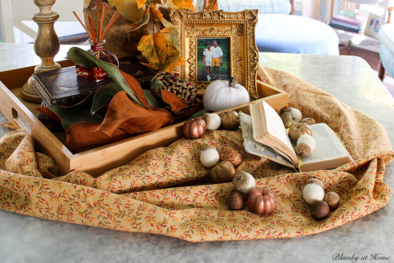 fall vignette with open book and mini-pumpkins