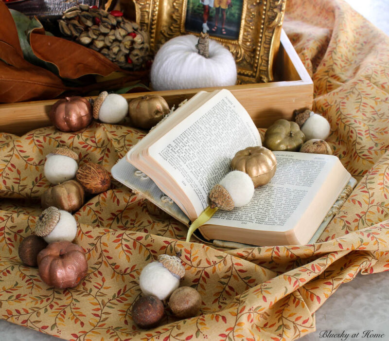 fall vignette with open book and mini-pumpkins