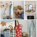fall mantel decorated with DIY pumpkins and paper leaf trees