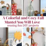 fall mantel decorated with DIY pumpkins and paper leaf trees