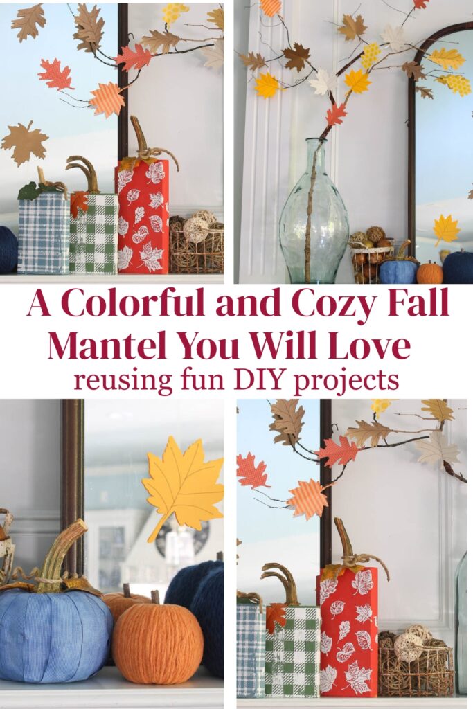 fall mantel decorated with DIY pumpkins and paper leaf trees