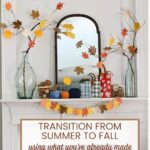 fall mantel decorated with DIY pumpkins and paper leaf trees