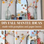 fall mantel decorated with DIY pumpkins and paper leaf trees