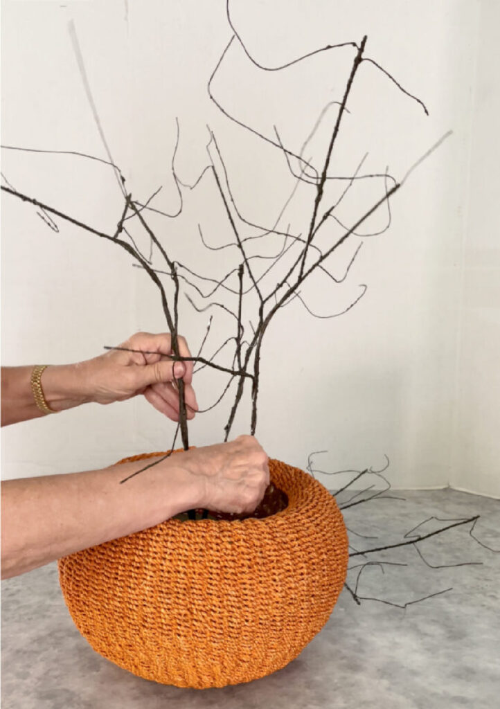 curly twig branches in woven pumpkin basket