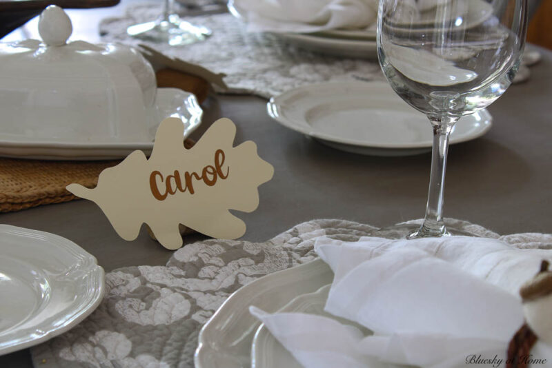 fall paper leaf place cards on dining room table