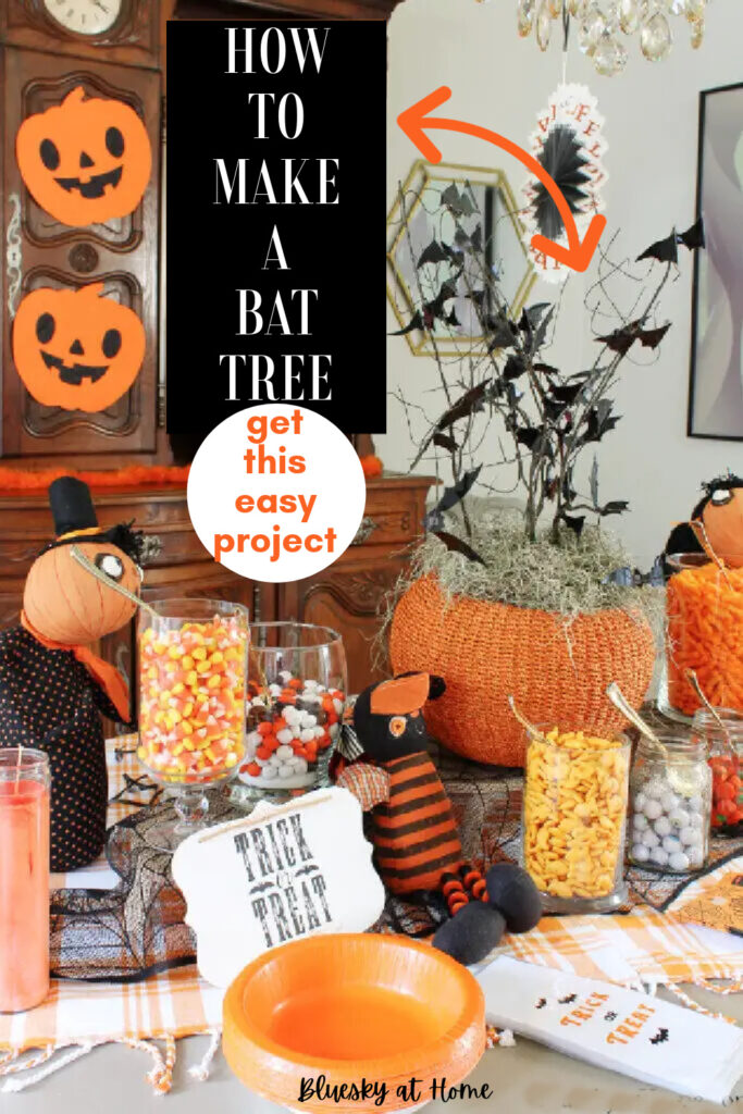 curly twig bat tree centerpiece on Halloween buffet table