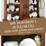 styled brown hutch for fall with white dishes and accessories