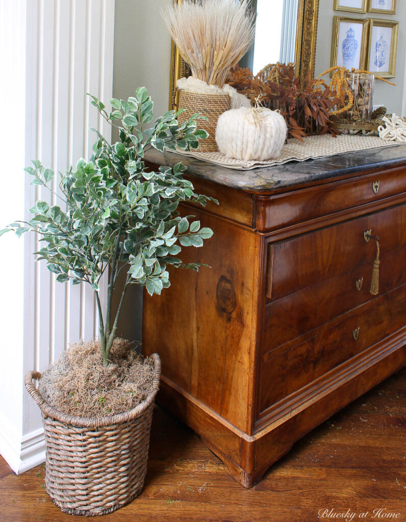 faux tree in woven basket  and Spanish moss next to dresser in entry
