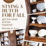 hutch styled for fall in cream and white dishes