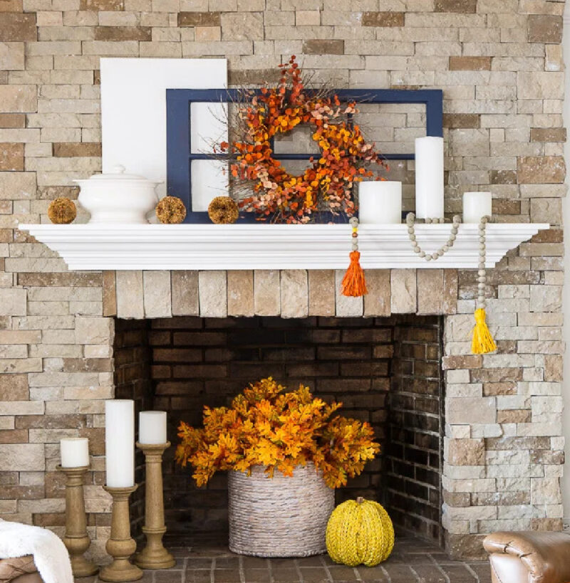 fall mantel with balanced decorations