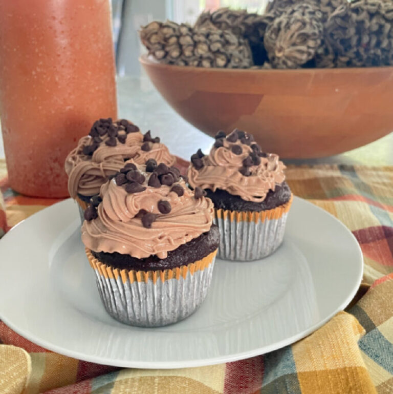 three Chocolate-Pumpkin cakes with Nutella frosting and chocolate chips sprinkled on top