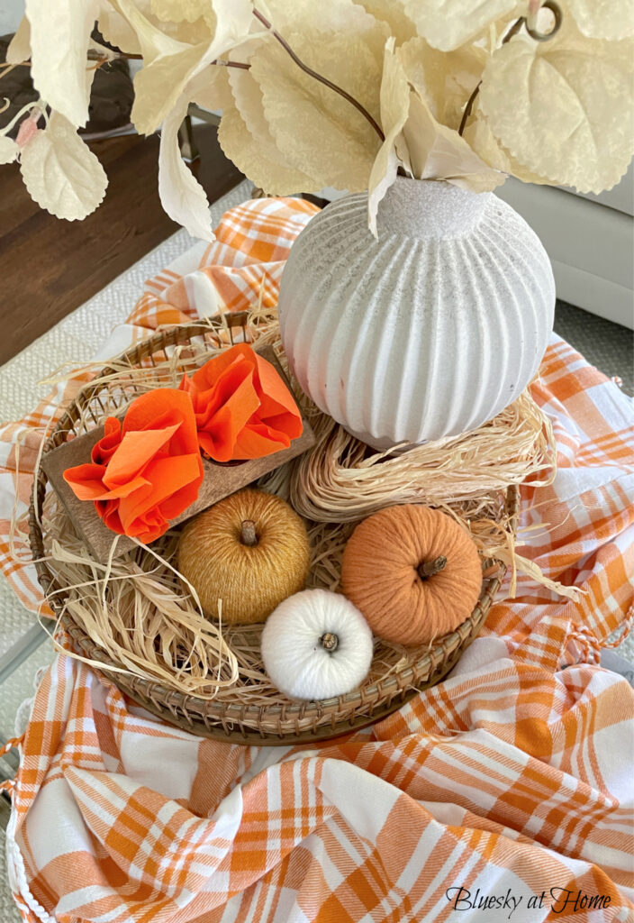 fall leaf tray with pumpkins and orange tissue paper