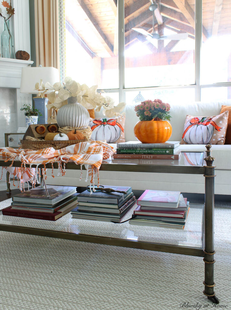 view of fall leaf tray vignette on coffee table