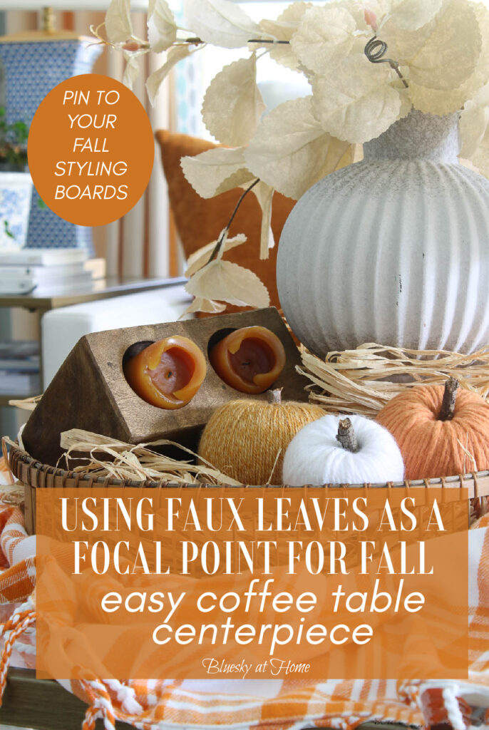 fall tray vignette with faux leaves and yarn pumpkins