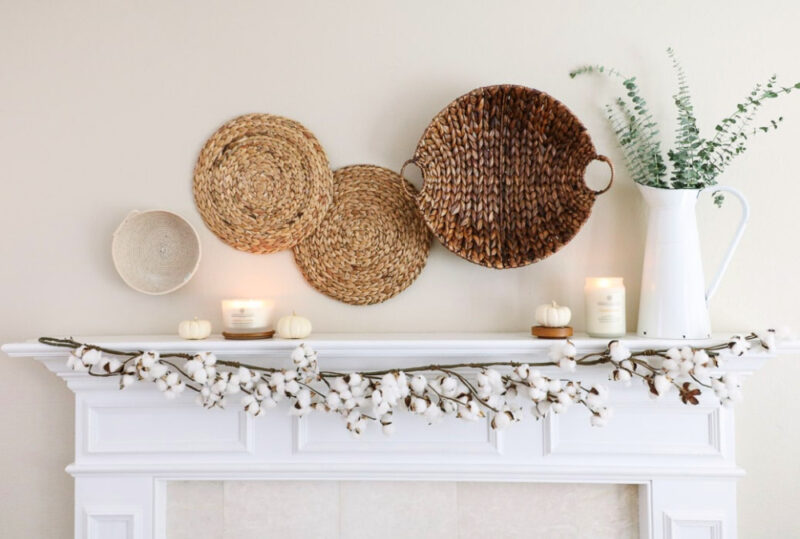 fall mantel with baskets and candles