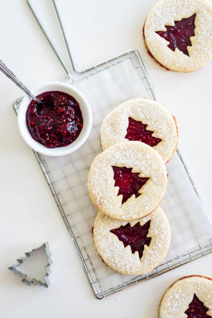 linzer Christmas cookies with Chrismtas tree cutout