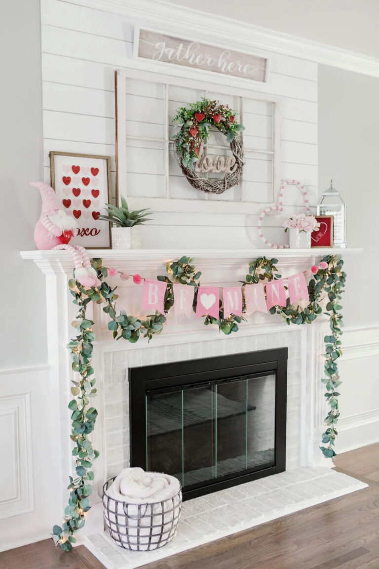 Valentine's home decor with mantel with greenery and banner