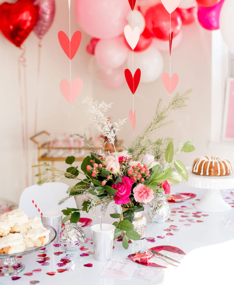 balloons and table setting for Valentine's Day party ideas