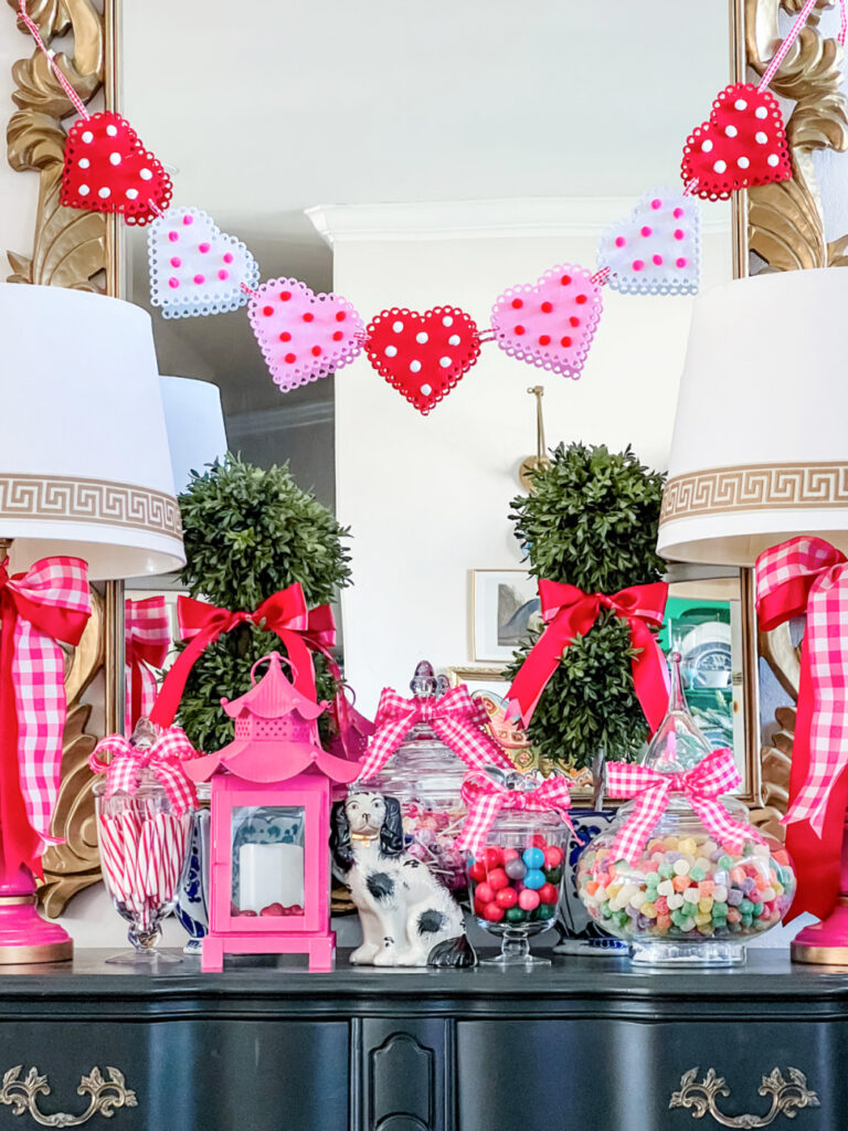 Valentine's home decor around the house with candies and bows