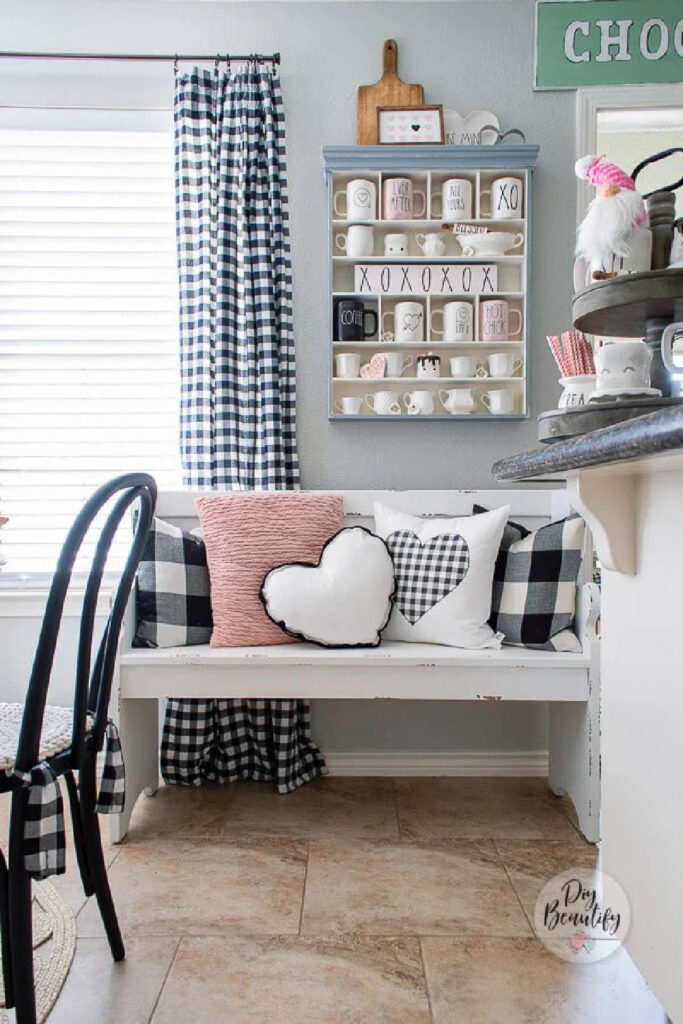 bench and wood shelf using pink and black Valentine's home decor