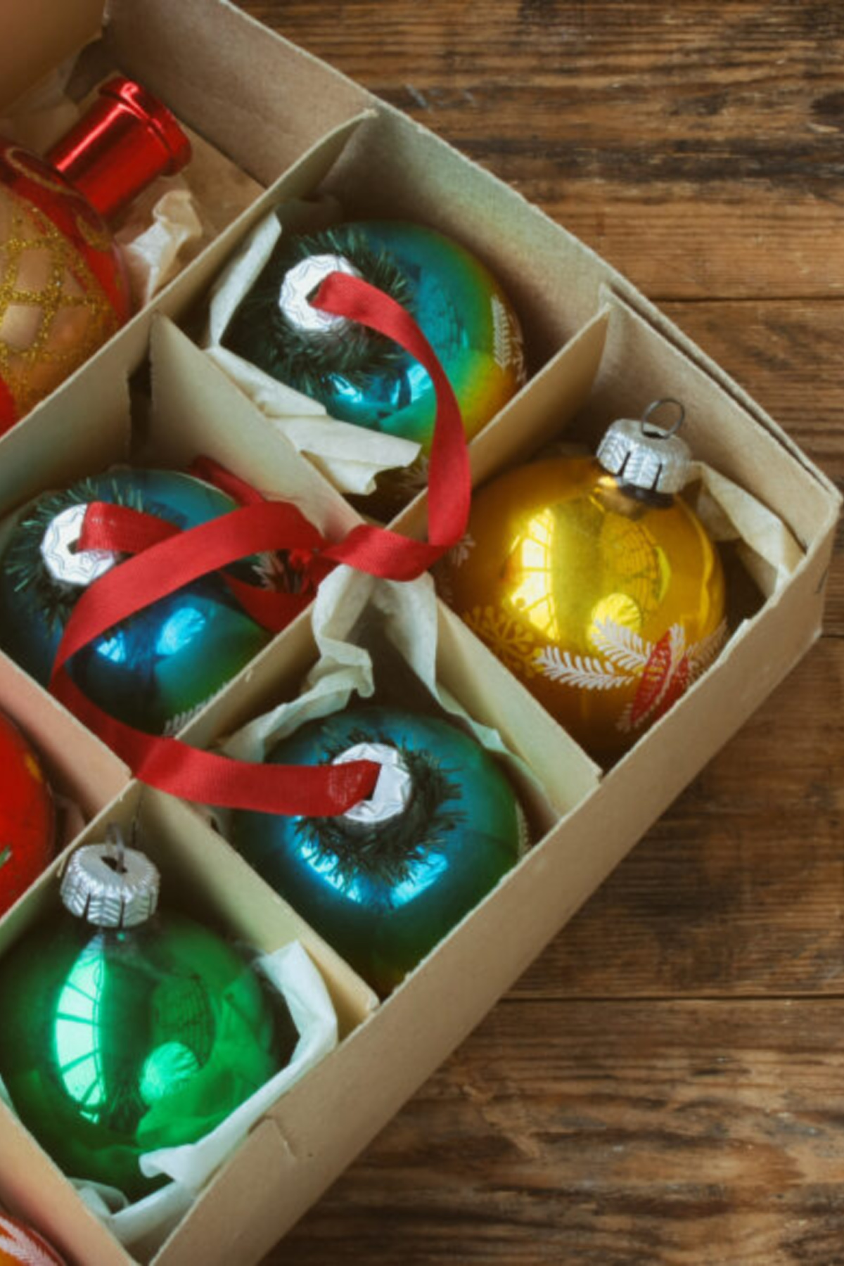 Christmas ornaments in packing box